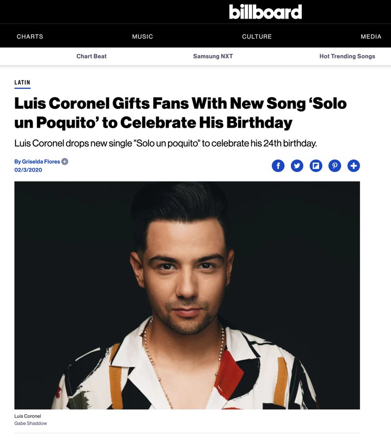 Billboard — Luis Coronel, &lsquo;Solo un Poquito&rsquo;, photo by Gabe Shaddow
